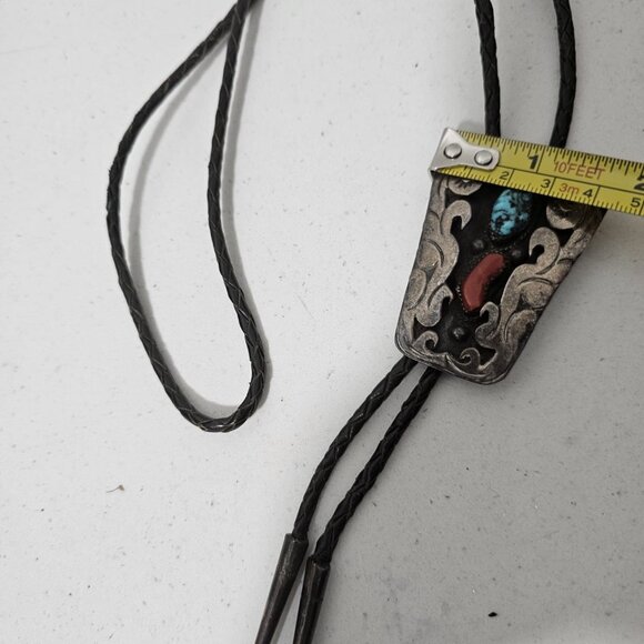 Vintage Navajo Bolo Tie Turquoise Coral Bennett Pat. Pend. Sterling - Picture 4 of 8